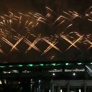 Cérémonie d'ouverture des Jeux Olympiques (JO) de Rio 2016 à Rio de Janeiro, Brésil le 5 aout 2016.   Fireworks go off over the Maracana Stadium during the opening ceremony of the Rio 2016 Summer Olympic Games. Valery Sharifulin/TASS05/08/2016 - Rio de Janeiro