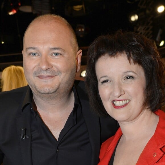 Cauet et Anne Roumanoff Enregistrement de l'émission "Vivement Dimanche", le 29 avril 2015.