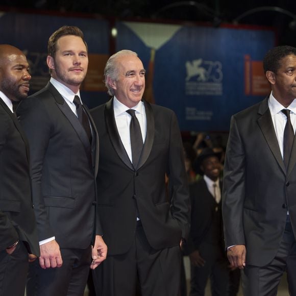 Antoine Fuqua, Chris Pratt, Denzel Washington lors de l'avant-première de The Magnificent Seven (Les Sept Mercenaires) d'Antoine Fuqua en clôture de la 73e Mostra de Venise, le 10 septembre 2016. © Future-Image/Zuma Press/Bestimage