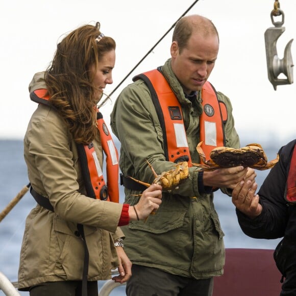 Le prince William et Kate Middleton, duc et duchesse de Cambridge, n'ont pas hésité à prendre des crabes lors d'une partie de pêche à bord du Highland Ranger au cours de leur visite de l'archipel Haida Gwaii le 30 septembre 2016, au septième et avant-dernier jour de leur tournée royale au Canada.