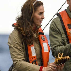 Le prince William et Kate Middleton, duc et duchesse de Cambridge, n'ont pas hésité à prendre des crabes lors d'une partie de pêche à bord du Highland Ranger au cours de leur visite de l'archipel Haida Gwaii le 30 septembre 2016, au septième et avant-dernier jour de leur tournée royale au Canada.