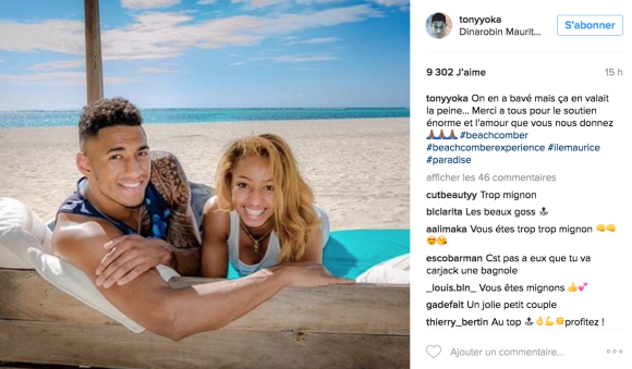 Tony Yoka et Estelle Mossely en vacances à l'îla Maurice, au Dinarobin Beachcomber Golf Resort & Spa, octobre 2016.