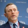 Daniel Craig, nommé premier Mandataire mondial des Nations Unies pour l'élimination des mines et engins explosifs, en conférence de presse à l'ONU à New York. Le 4 avril 2016