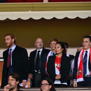 Le prince Albert II de Monaco en famille avec Pierre Casiraghi, Louis Ducruet et sa compagne Marie au Stade Louis-II lors de la victoire en Ligue des Champions de l'AS Monaco contre le CSKA Moscou (3-0), le 2 novembre 2016. L'ASM a remporté la rencontre 3 à 0. © Bruno Bebert/Bestimage