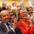 Alain Juppé, maire de Bordeaux et candidat à la primaire à droite, en compagnie de Claude Chirac et de son mari Frédéric Salat-Baroux, participe à une rencontre militante à Egleton en Corrèze le 5 Novembre 2016.