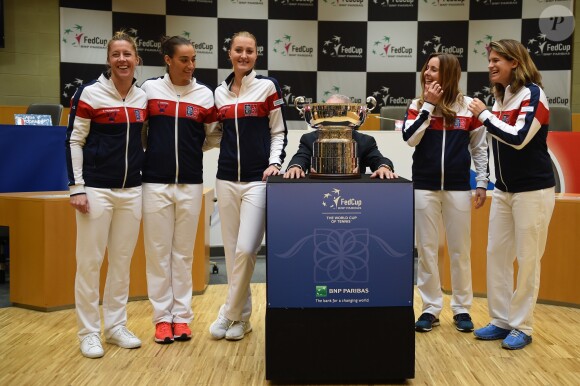 French Fed Cup team with captain Amélie Mauresmo, Pauline Parmentier, Kristina Mladenovic, Caroline Garcia and Alize Cornet at the draw ceremony at the final round tie against Czech Republic at the Rhenus Arena, Strasbourg, France on november, 11, 2016. Photo by Corinne Dubreuil/ABACAPRESS.COM11/11/2016 - strasbourg