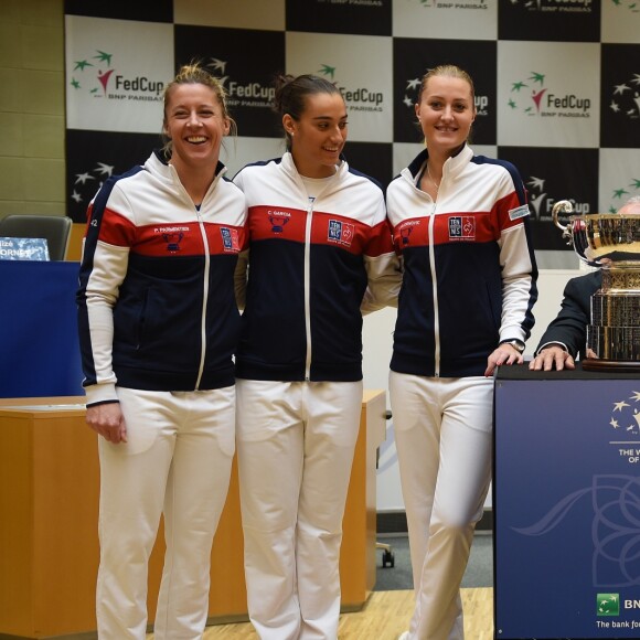 French Fed Cup team with captain Amélie Mauresmo, Pauline Parmentier, Kristina Mladenovic, Caroline Garcia and Alize Cornet at the draw ceremony at the final round tie against Czech Republic at the Rhenus Arena, Strasbourg, France on november, 11, 2016. Photo by Corinne Dubreuil/ABACAPRESS.COM11/11/2016 - strasbourg