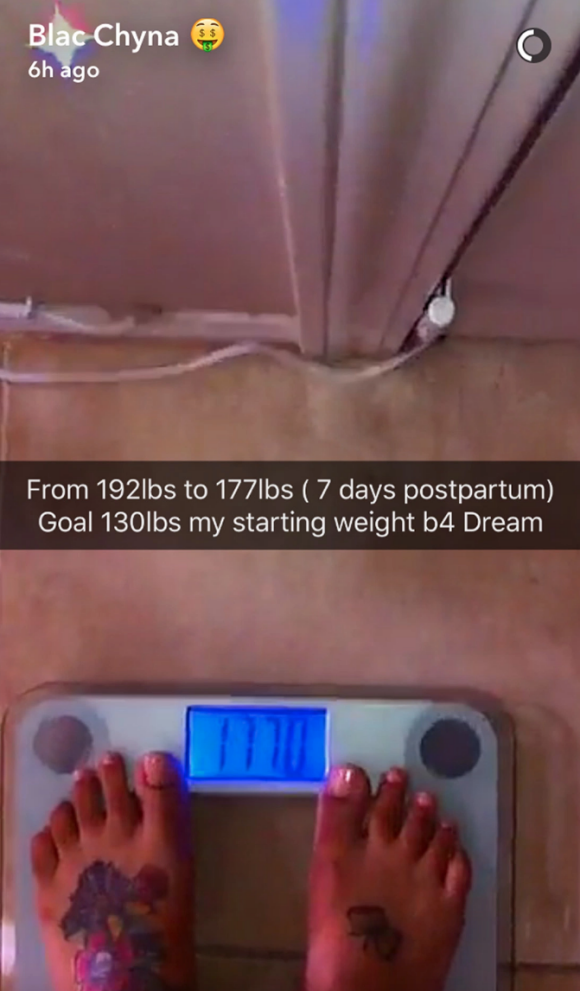Blac Chyna a déjà perdu 7 kilos, une semaine après son accouchement. Photo publiée sur Snapchat, le 17 novembre 2016