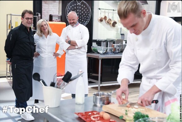 Phillippe Etchebest, Hélène Darroze, Michel Sarran et un candidat de "Top Chef 2017" lors d'une épreuve