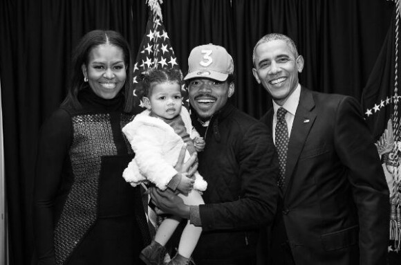 Photo de Chance The Rapper, sa fille Kensli, Barack et Michelle Obama. Janvier 2017.