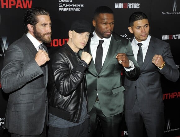 Jake Gyllenhaal, Eminem, 50 Cent (Curtis Jackson) et Miguel Gomez - Première du film "Southpaw" à New York. Le 20 juillet 2015.