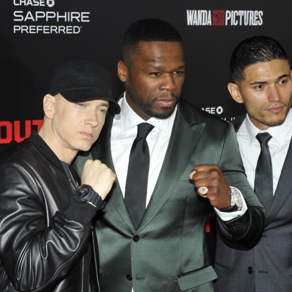 Jake Gyllenhaal, Eminem, 50 Cent (Curtis Jackson) et Miguel Gomez - Première du film "Southpaw" à New York. Le 20 juillet 2015.