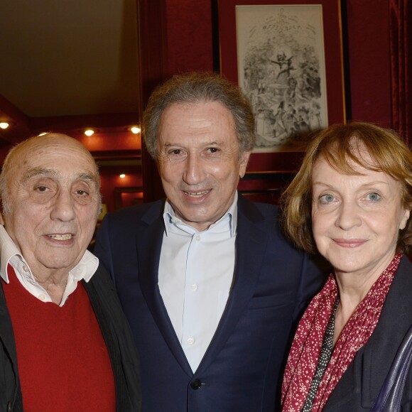 Michel Drucker, Marcel Bluwal et sa femme Danièle Lebrun à la 100ème de la pièce "un nouveau départ" au Théâtre des Variétés à Paris le 19 mai 2016. © Coadic Guirec/Bestimage