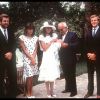 La princesse Caroline de Monaco en famille avec sa soeur Stéphanie, son père Rainier et son mari Stefano, en 1984 lors du baptême de son premier enfant, Andrea Casiraghi.