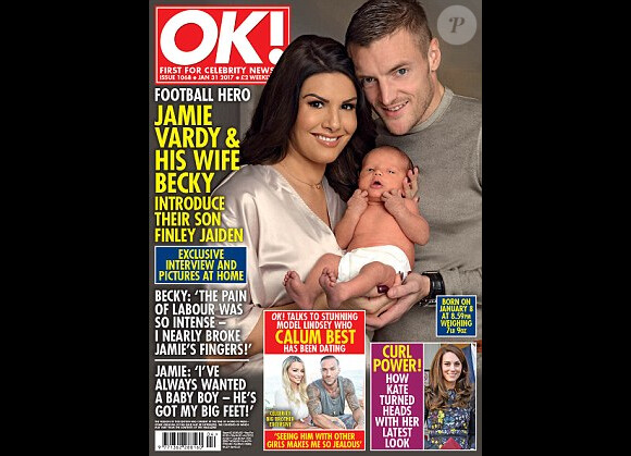 Jamie Vardy et sa femme Rebekah présentent leur fils Finley, né le 8 janvier 2017 à Leicester, dans le tabloïd anglais OK!.