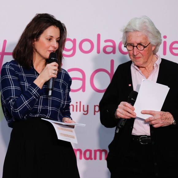 Exclusif - Faustine Bollaert et le Professeur Francine Leca - Election du Bébé Cadum 2017 lors de la "Rigoladerie Cadum, la family party engagée" à Paris le 4 février 2017. © Philippe Doignon / Bestimage