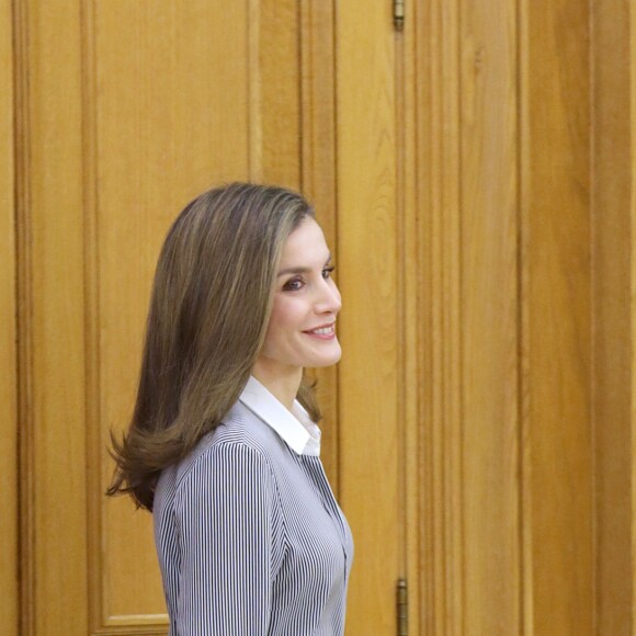 La reine Letizia d'espagne assiste à une audience avec les représentants de la fondation "Vianorte-Laguna" à Madrid le 15 février 2017.