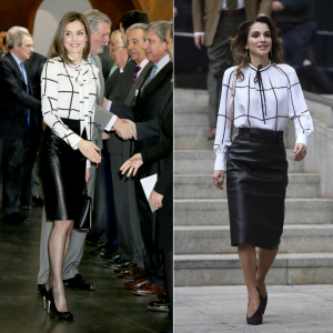 La reine Letizia d'Espagne (février 2017) et la reine Rania de Jordanie (novembre 2015), jumelles de look !