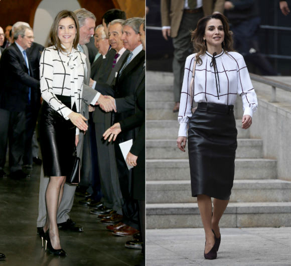 La reine Letizia d'Espagne (février 2017) et la reine Rania de Jordanie (novembre 2015), jumelles de look !