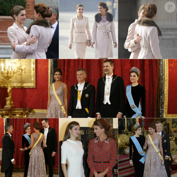 La rencontre de la reine Letizia d'Espagne et de Juliana Awada, épouse du président argentin Mauricio Macri, a été l'un des aspects forts de la visite d'Etat présidentielle à Madrid les 22 et 23 février 2017. Photomontage Purepeople.