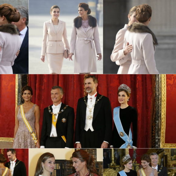 La rencontre de la reine Letizia d'Espagne et de Juliana Awada, épouse du président argentin Mauricio Macri, a été l'un des aspects forts de la visite d'Etat présidentielle à Madrid les 22 et 23 février 2017. Photomontage Purepeople.