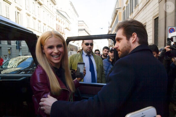 Michelle Hunziker et Tomaso Trussardi au défilé Trussardi à la Fashion Week de Milan le 26 février 2017. © Mario Cartelli/ LaPresse/ABACAPRESS.COM