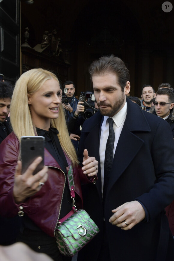 Michelle Hunziker et Tomaso Trussardi au défilé Trussardi à la Fashion Week de Milan le 26 février 2017. © Mario Cartelli/ LaPresse/ABACAPRESS.COM