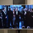 Image en press room pendant que Warren Beatty expliquait pourquoi il s'était trompé entre La La Land et Moonlight pendant les Oscars 2017.