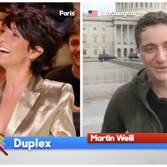 Florence Foresti et son duplex avec Martin Weill dans "Quotidien" sur TMC. Le 1er mars 2017.