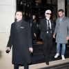 Karl Lagerfeld et son assistant Sébastien Jondeau à la soirée du magazine CR Fashion Week à l'hôtel Four Seasons George V à Paris, le 4 mars 2017.