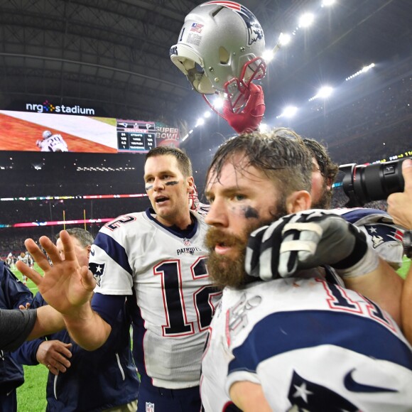 Les joueurs des New England Patriots Tom Brady et Julian Edelman au Super Bowl LI à Houston. Le 5 février 2017.