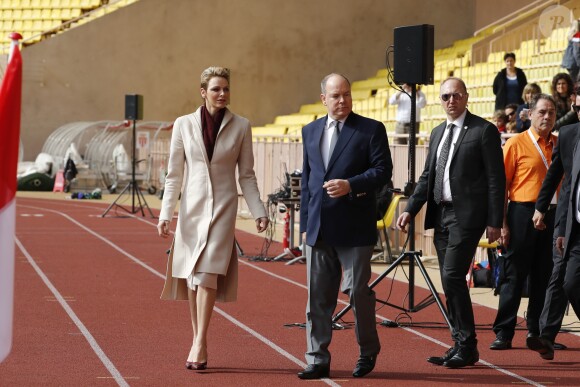 La princesse Charlène de Monaco et son mari le prince Albert II de Monaco - 7ème édition du tournoi de rugby Sainte-Dévote au Stade Louis II à Monaco, le 18 mars 2017. © Claudia Albuquerque/Bestimage