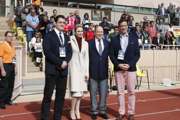 Andrew Sheridan, la princesse Charlène de Monaco et son mari le prince Albert II de Monaco, Esteban Lozada - 7ème édition du tournoi de rugby Sainte-Dévote au Stade Louis II à Monaco, le 18 mars 2017. © Claudia Albuquerque/Bestimage