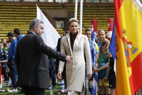 La princesse Charlène de Monaco - 7ème édition du tournoi de rugby Sainte-Dévote au Stade Louis II à Monaco, le 18 mars 2017. © Claudia Albuquerque/Bestimage