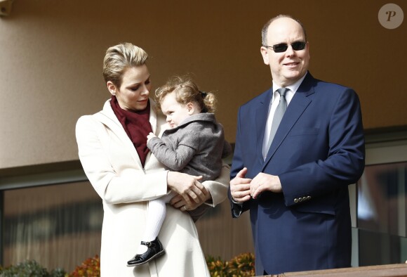 La princesse Charlène de Monaco, son mari le prince Albert II de Monaco et leur fille la princesse Gabriella de Monaco - 7ème édition du tournoi de rugby Sainte-Dévote au Stade Louis II à Monaco, le 18 mars 2017. © Claudia Albuquerque/Bestimage