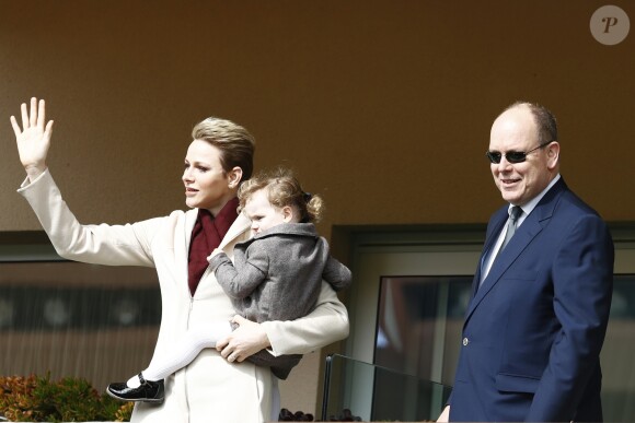 La princesse Charlène de Monaco, son mari le prince Albert II de Monaco et leur fille la princesse Gabriella de Monaco - 7ème édition du tournoi de rugby Sainte-Dévote au Stade Louis II à Monaco, le 18 mars 2017. © Claudia Albuquerque/Bestimage