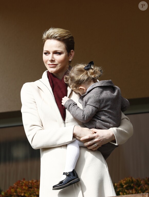 La princesse Charlène de Monaco et sa fille la princesse Gabriella de Monaco - 7ème édition du tournoi de rugby Sainte-Dévote au Stade Louis II à Monaco, le 18 mars 2017. © Claudia Albuquerque/Bestimage