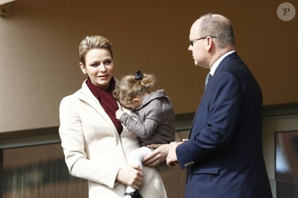 La princesse Charlène de Monaco, son mari le prince Albert II de Monaco et leur fille la princesse Gabriella de Monaco - 7ème édition du tournoi de rugby Sainte-Dévote au Stade Louis II à Monaco, le 18 mars 2017. © Claudia Albuquerque/Bestimage