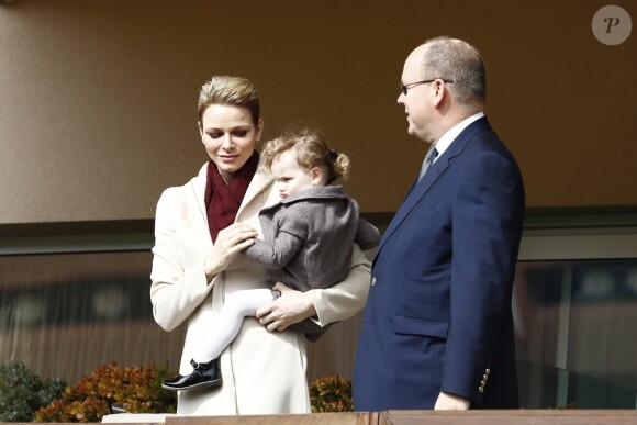 La princesse Charlène de Monaco, son mari le prince Albert II de Monaco et leur fille la princesse Gabriella de Monaco - 7ème édition du tournoi de rugby Sainte-Dévote au Stade Louis II à Monaco, le 18 mars 2017. © Claudia Albuquerque/Bestimage