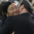 Antonia Emmanuelli, veuve d'Henri Emmanuelli et François Hollande - François Hollande et de nombreux membres du gouvernement ont participé à un hommage républicain à Henri Emmanuelli à Mont-de-Marsan le 25 mars 2017.
