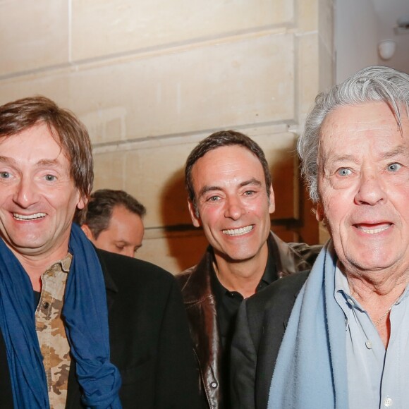 Exclusif - Pierre Palmade, Anthony Delon et son père Alain Delon - Lancement de la marque de vêtements de cuir "Anthony Delon 1985" chez Montaigne Market à Paris. Le 7 mars 2017 © Philippe Doignon / Bestimage