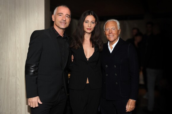 Giorgio Armani, Eros Ramazzotti et son épouse Marica Pellegrinelli - Ouverture de la nouvelle boutique Armani/Casa en marge du Salon International du Meuble de Milan, le 4 avril 2017.