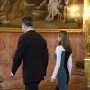 Letizia d'Espagne présidait avec son mari le roi Felipe VI au déjeuner offert au palais royal à Madrid le 19 avril 2017 en l'honneur du prix de littérature Miguel de Cervantes 2016, attribué à Eduardo Mendoza.