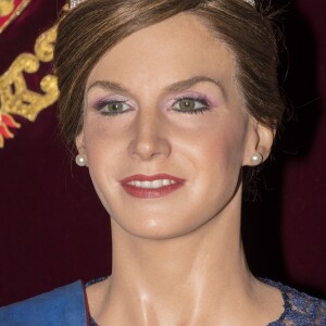 Gros plan sur le visage de la statue de cire de la reine Letizia d'Espagne inaugurée au Museo de Cera à Madrid le 19 avril 2017, quelques jours après sa révélation.