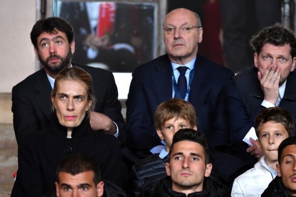 Andrea Agnelli, le président de la Juventus, et Lavinia Borromeo et ses enfants lors de la demi-finale aller de la Ligue des Champions entre l'AS Monaco et la Juventus de Turin au stade Louis II à Monaco le 3 mai 2017 (0-2).