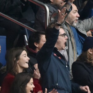 Louis Sarkozy avec une amie, Jean Sarkozy et son fils Solal, Pierre Sarkozy, Cécile de Ménibus avec son compagnon Thierry - Célébrités dans les tribunes du parc des princes lors du match de football de ligue 1 PSG-Bastia le 6 mai 2017.