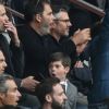 Louis Sarkozy avec une amie, Jean Sarkozy et son fils Solal, Pierre Sarkozy, Cécile de Ménibus avec son compagnon Thierry - Célébrités dans les tribunes du parc des princes lors du match de football de ligue 1 PSG-Bastia le 6 mai 2017.