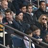 Louis Sarkozy avec une amie, Jean Sarkozy et son fils Solal, Pierre Sarkozy, Cécile de Ménibus avec son compagnon Thierry - Célébrités dans les tribunes du parc des princes lors du match de football de ligue 1 PSG-Bastia le 6 mai 2017.