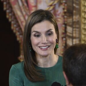 Letizia d'Espagne et Mercedes Peñas Domingo étaient sur la même longueur d'onde pour leur rencontre, l'une en vert, l'autre en bleu ciel. Le roi Felipe VI et la reine Letizia d'Espagne (en robe Carolina Herrera) recevaient le président du Costa Rica Luis Guillermo Solis et sa compagne Mercedes Penas Dominigo pour un déjeuner à l'occasion de leur visite officielle au palais royal à Madrid, le 8 mai 2017.