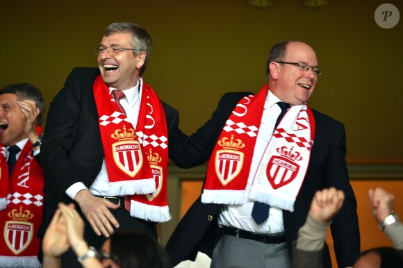 Le prince Albert II de Monaco très heureux lors de la victoire (2-0, contre l'AS Saint-Etienne) et du sacre de l'AS Monaco, sacré champion de France le 17 mai 2017 au Stade Louis-II © Bruno Bebert/Bestimage